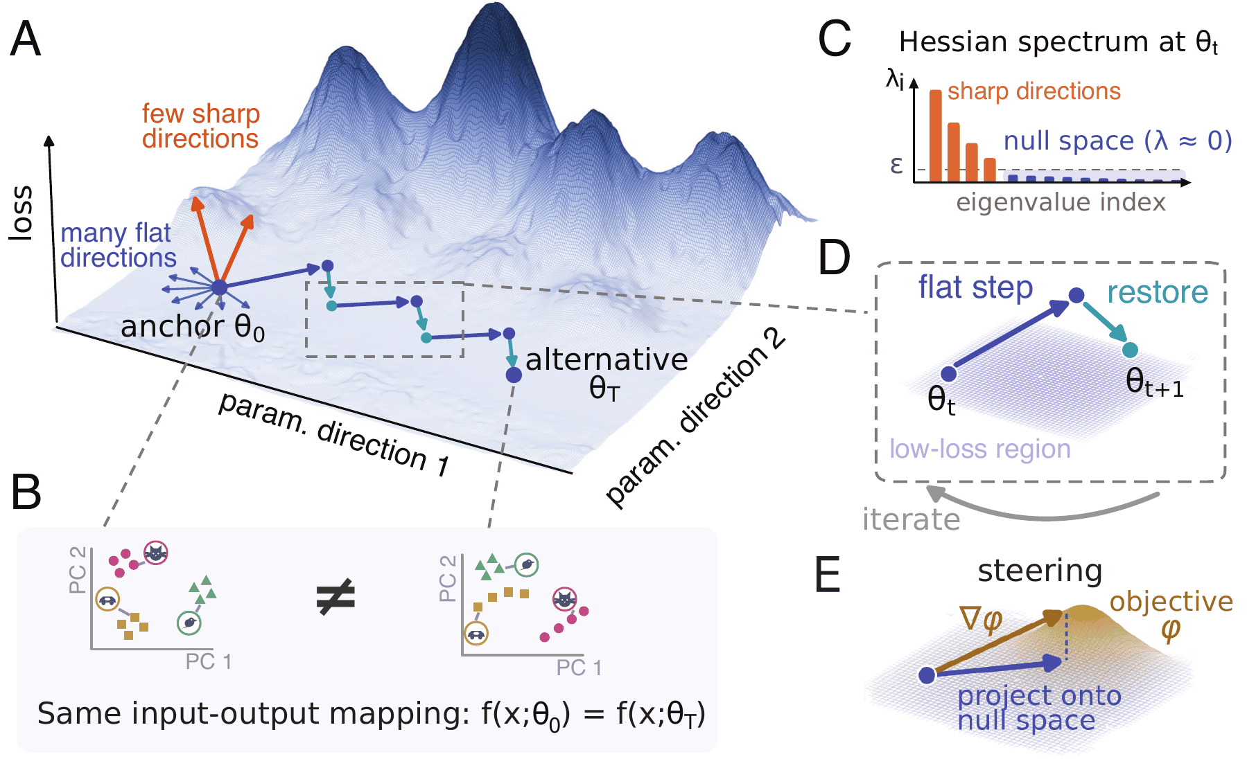 Overview of HNC: from the trained anchor, flat null-space steps alternate with function-restoring steps across a low-loss region, reaching an alternative network with the same input-output mapping but different hidden-state representations.